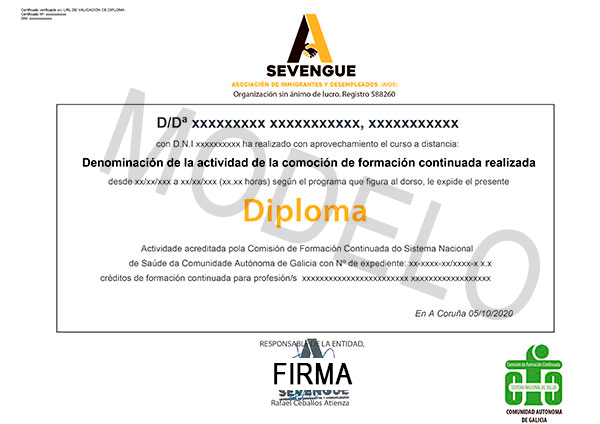 Parte delantera del diploma de la Comisión de Formación Continuada