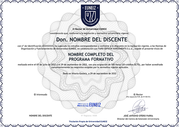 Parte delantera del certificado