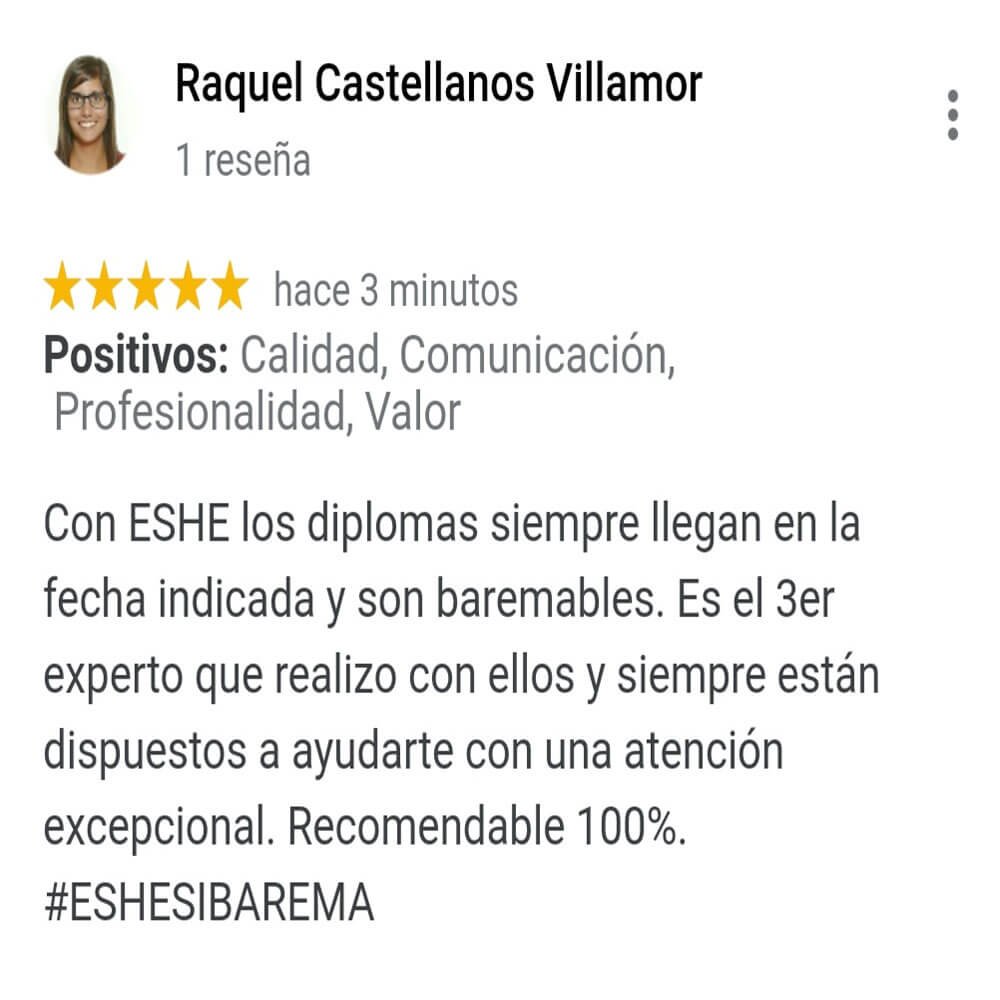 Con ESHE los diplomas siempre llegan en la fecha indicada y son baremables. Es el tercer experto que realizo con ellos y siempre están dispuestos a ayudarte con una atención excepcional. Recomendable 100%. #ESHESIBAREMA