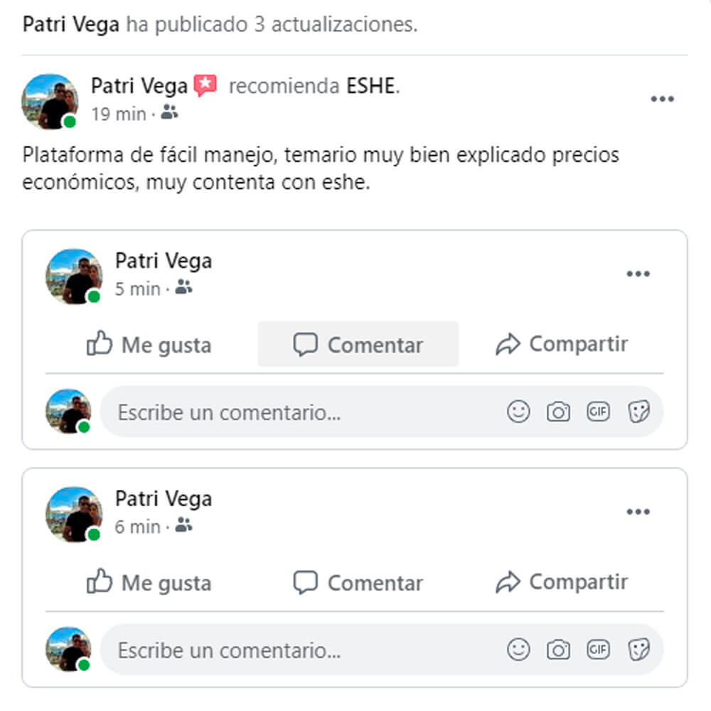Plataforma de fácil manejo, temario muy bien explicado, precios económicos. Muy contenta con ESHE.