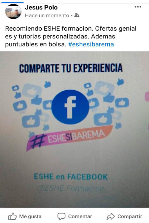 Recomiendo ESHE formación. Ofertas geniales y tutorías personalizadas. Ademas puntuables en bolsa. #ESHESIBAREMA
