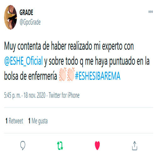 Muy contenta de haber realizado mi experto con @ESHE_Oficial y sobre todo que me haya puntuado en la bolsa de enfermería #ESHESIBAREMA