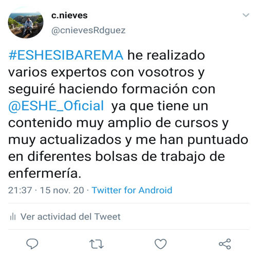 #ESHESIBAREMA He realizado varios expertos con vosotros y seguiré haciendo formación con @ESHE_Oficial ya que tiene un contenido muy amplio de cursos y muy actualizados y me han puntuado en diferentes bolsas de trabajo de enfermería.