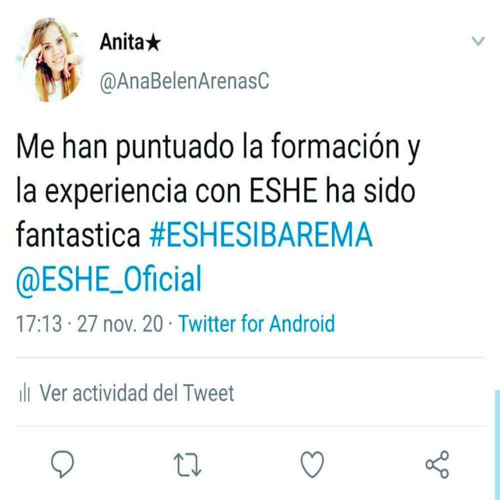 Me han puntuado la formación y la experiencia con ESHE ha sido fantástica #ESHESIBAREMA @ESHE_Oficial