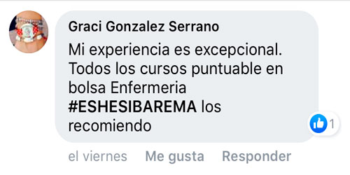 Mi experiencia es excepcional. Todos los cursos puntuables en bolsa enfermería. #ESHESIBAREMA Los recomiendo.
