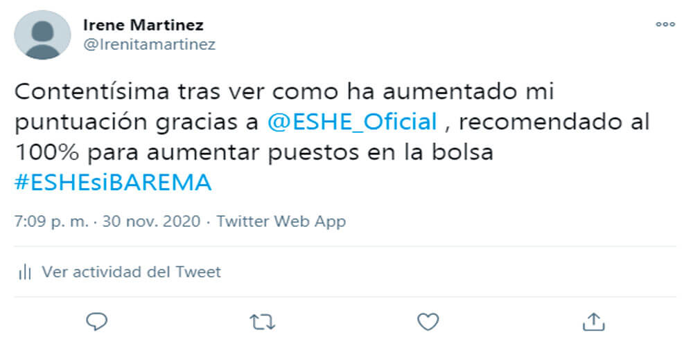 Contentísima tras ver como ha aumentado mi puntuación gracias a @ESHE_Oficial, recomendado al 100% para aumentar puestos en la bolsa. #ESHESIBAREMA