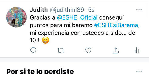 Gracias a @ESHE_Oficial conseguí puntos para mi baremo #ESHEsiBarema, mi experiencia con ustedes ha sido... de 10!!