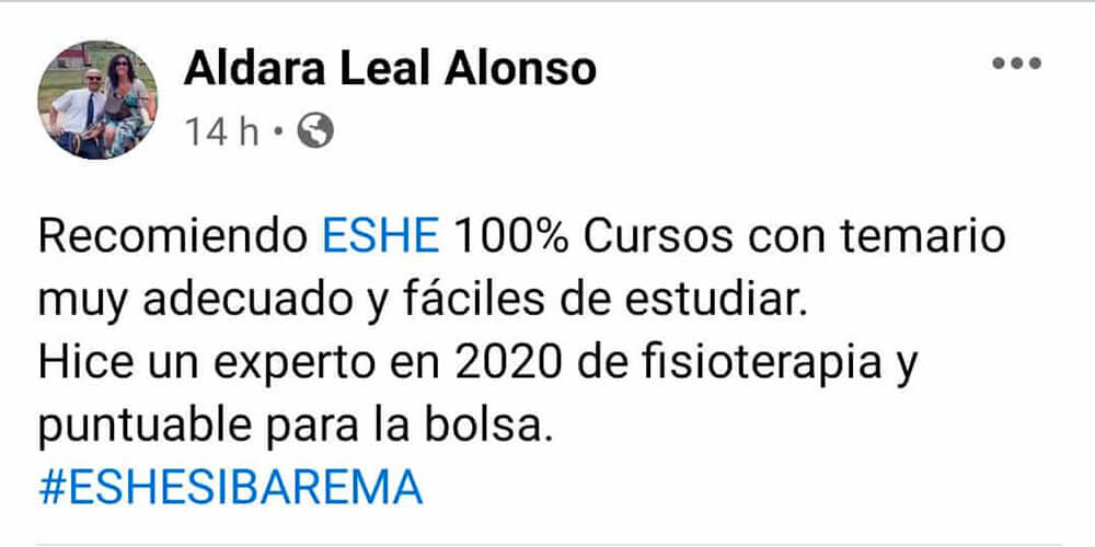 Recomiendo ESHE 100% Cursos con temario muy adecuado y fáciles de estudiar. Hice un experto en 2020 de fisioterapia y puntuable para la bolsa. #ESHESIBAREMA