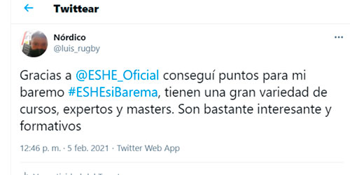 Gracias a @ESHE_Oficial conseguí puntos para mi baremo #ESHEsiBarema tienen una gran variedad de cursos, expertos y máster. Son Bastantes interesantes y formativos