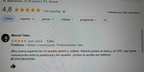 ¡Muy buena experiencia! Un temario ameno y cuidado. Además puntúa en bolsa y en OPE, muy buena comunicación entre la plataforma y los usuarios. ¡Incluso te ayudan por teléfono!
#ESHESIBAREMA