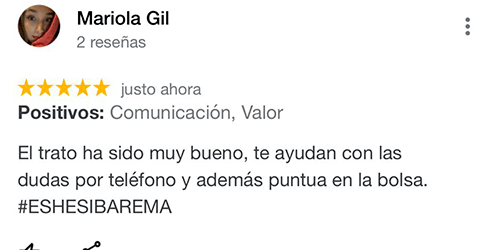 El trato ha sido muy bueno, te ayudan con las dudas por teléfono y además puntúa en la bolsa. #ESHESIBAREMA