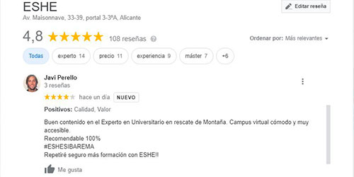 Buen contenido en el Experto en Universitario en rescate de Montaña. Campus virtual cómodo y muy accesible.
Recomendable 100%
#ESHESIBAREMA
Repetiré seguro más formación con ESHE!!
