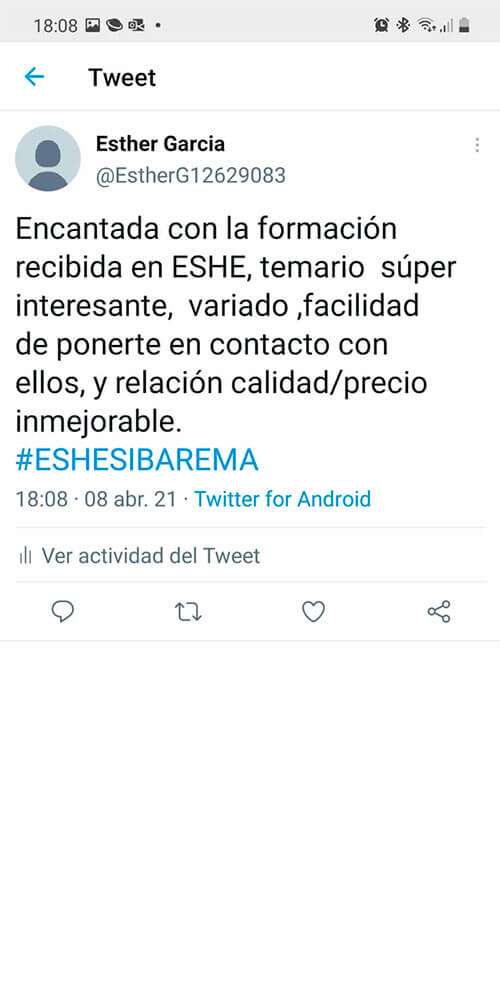 Encantada con la formación recibida en ESHE, temario súper interesante, variado, facilidad de ponerte en contacto con ellos, y relación calidad/precio inmejorable. # ESHESIBAREMA