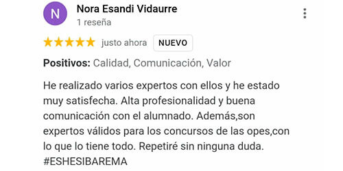 He realizado varios expertos con ellos y he estado muy satisfecha. Alta profesionalidad y buena comunicación con el alumnado. Además, son expertos válidos para los concursos de las opes, con lo que lo tiene todo. Repetiré sin ninguna duda. #ESHESIBAREMA