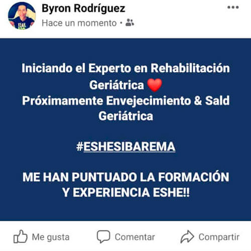 Iniciando el Experto en Rehabilitación Geriátrica. Próximamente Envejecimiento & Salud Geriátrica. #ESHESIBAREMA ME HAN PUNTUADO LA FORMACIÓN Y EXPERIENCIA ESHE!!