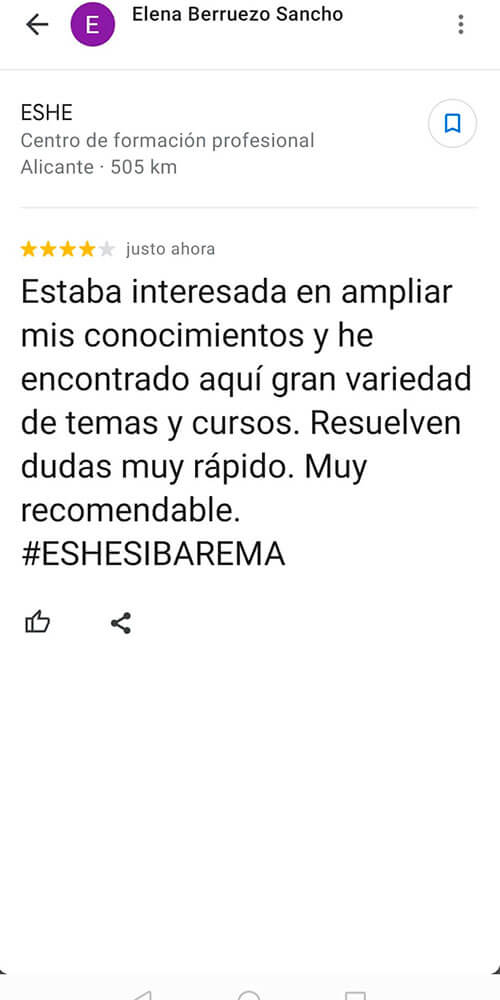 Estaba interesada en ampliar mis conocimientos y he encontrado aquí gran variedad de temas y cursos. Resuelven dudas muy rápido. Muy recomendable. #ESHESIBAREMA