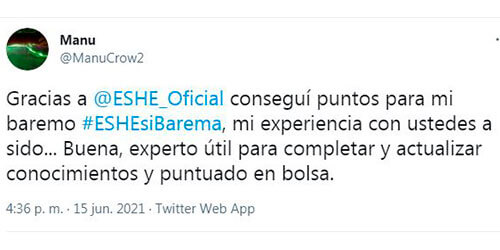 Gracias a @ESHE_Oficial conseguí puntos para mi baremo #ESHEsiBarema, mi experiencia con ustedes ha sido... Buena, experto útil para completar y actualizar conocimientos y puntuado en bolsa.