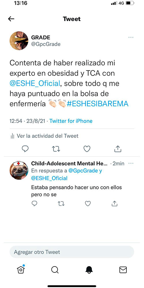 Contenta de haber realizado mi experto de obesidad y TCA con @ESHE_Oficial, sobre todo que me haya puntuado en la bolsa de enfermería #ESHESIBAREMA