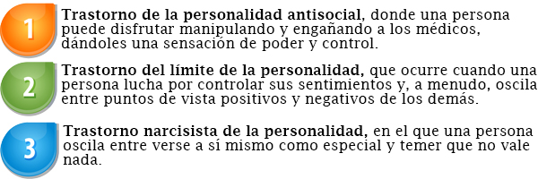 Tres trastornos específicos de la personalidad relacionados con el síndrome de Munchausen.